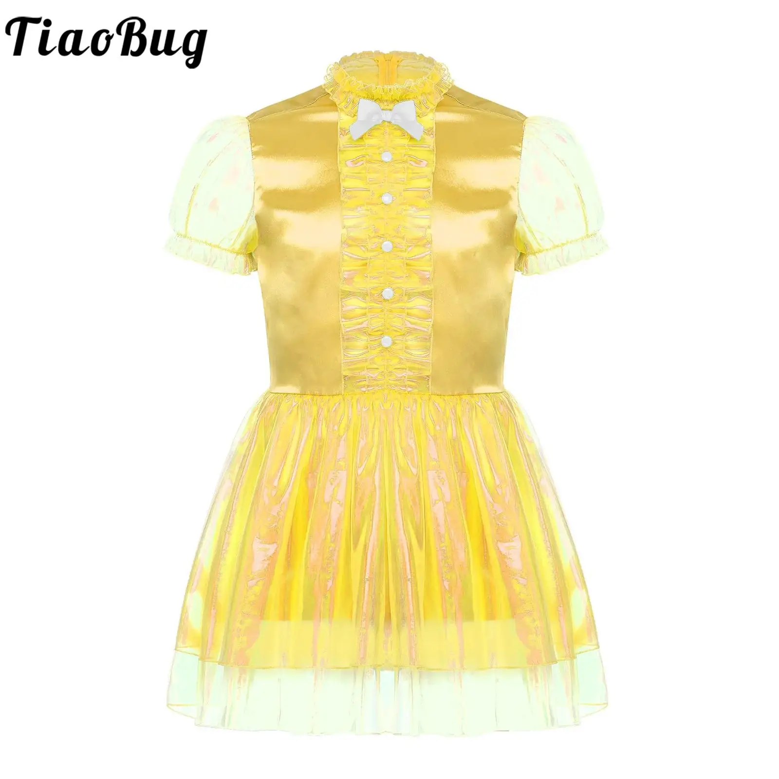 

Men's Transgender Ruffled Tutu Maid Role Play Dress Bow Puffy Shiny Micro Dress Cross Dressing Gays Transgender Maid Dress