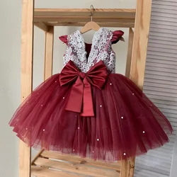 Toddler Girls Red Christmas Princess Dress Cute Baby Girl 1st Birthday Party Tutu Gown Newborn Backless Bow Girls Xmas Costume