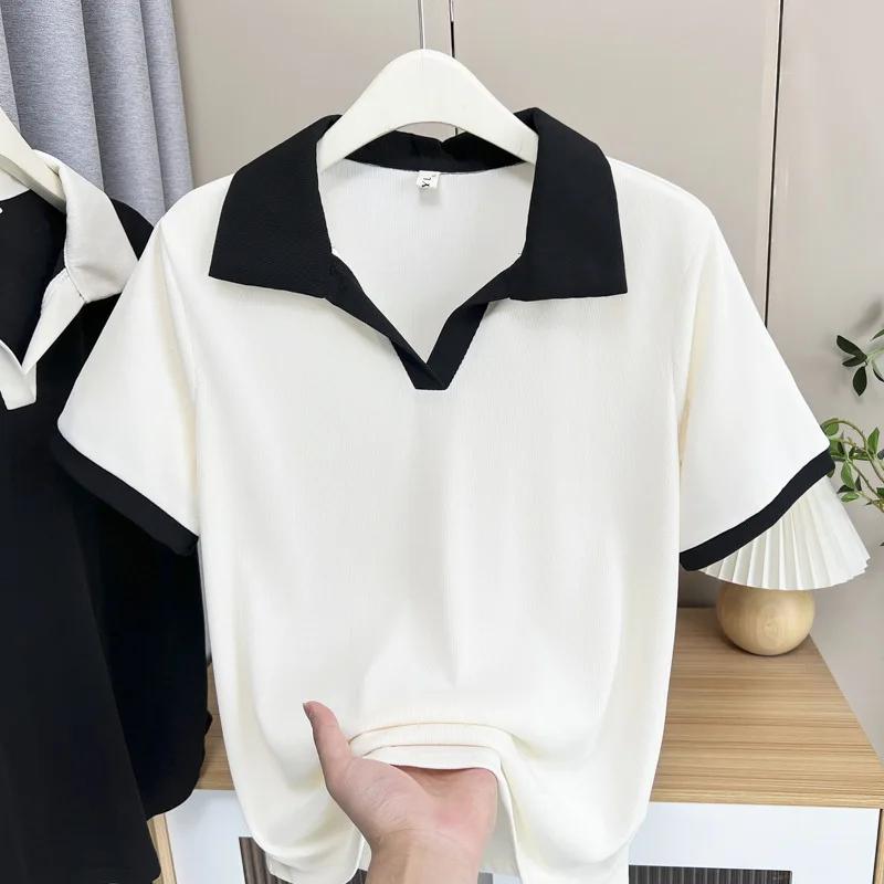 

Летний топ больших размеров 100 кг, новый ретро-блочный цвет, контрастный воротник-поло, футболки с короткими рукавами и лацканами, женская футболка 803