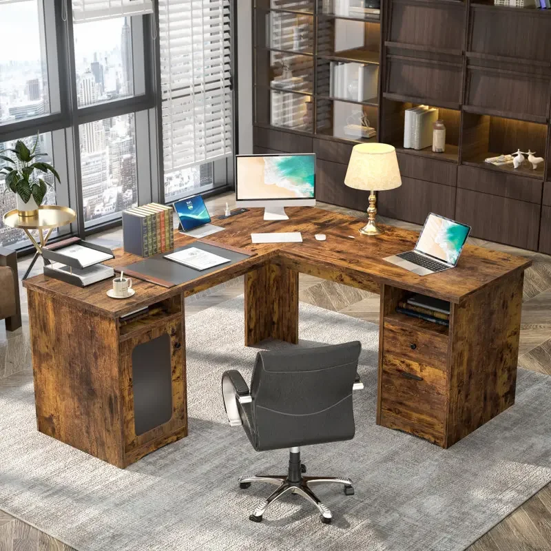 

Industrial style lifting top L-shaped computer executive office game table