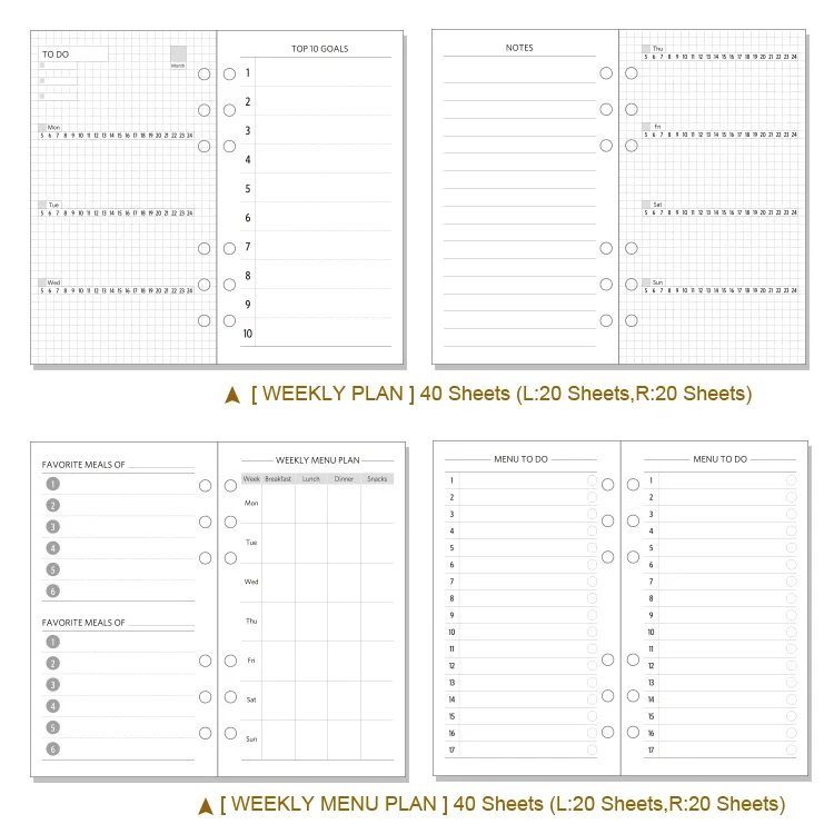 NEVER Spiral Notebook Filler Papers A6 Planner Weekly Plan Grid Dot Line Insert Pages Diary Book Inner core 40 sheets Stationery