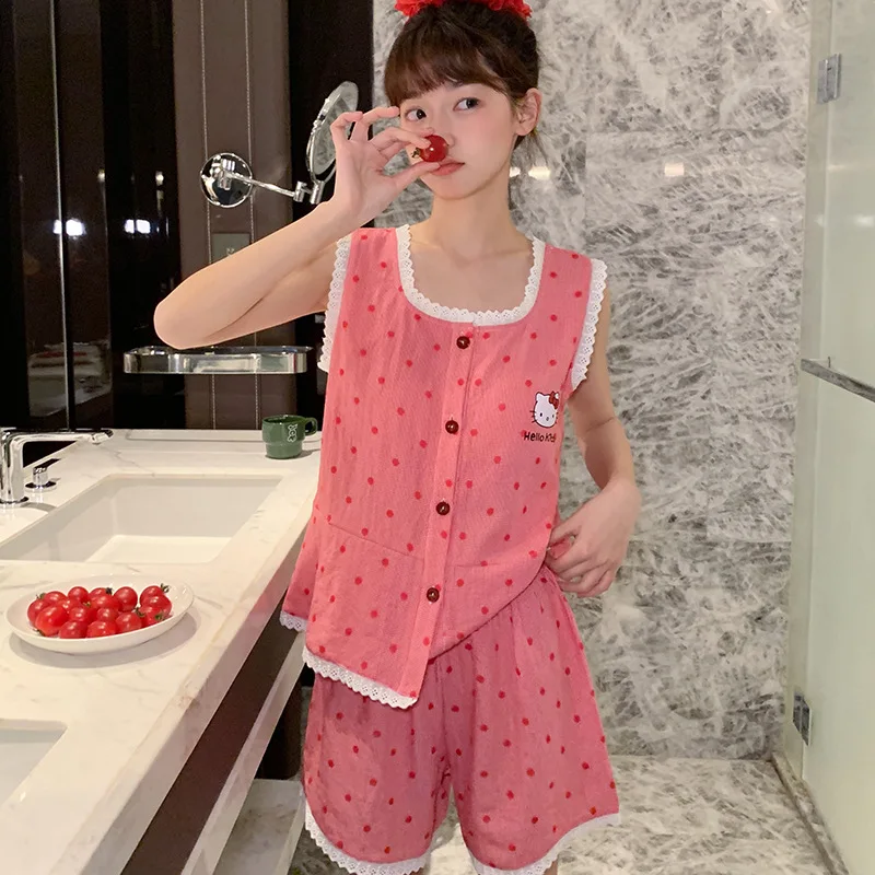 

Летняя рубашка Sanrio Hello Kittye для девочек из чистого хлопка и марли с короткими рукавами, милый кардиган с подушкой на груди, ночная рубашка