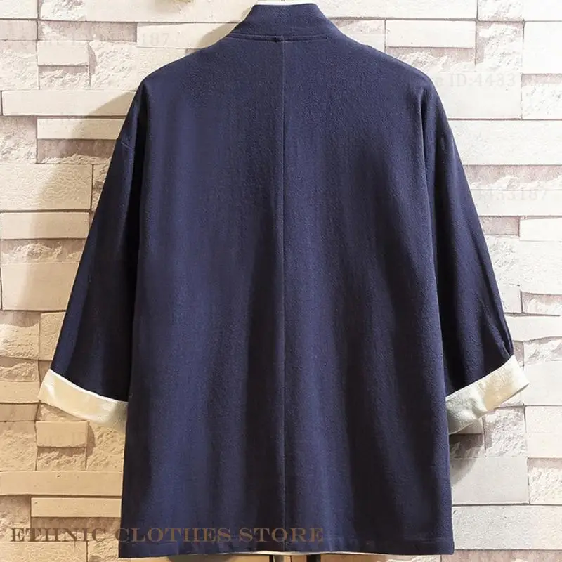 حجم كبير 3XL 4XL 5XL ثوب الكيمونو الياباني سترة الرجال القطن الكتان يوكاتا القمم سترة الرجعية الذكور قميص الشارع الشهير الملابس الآسيوية #4