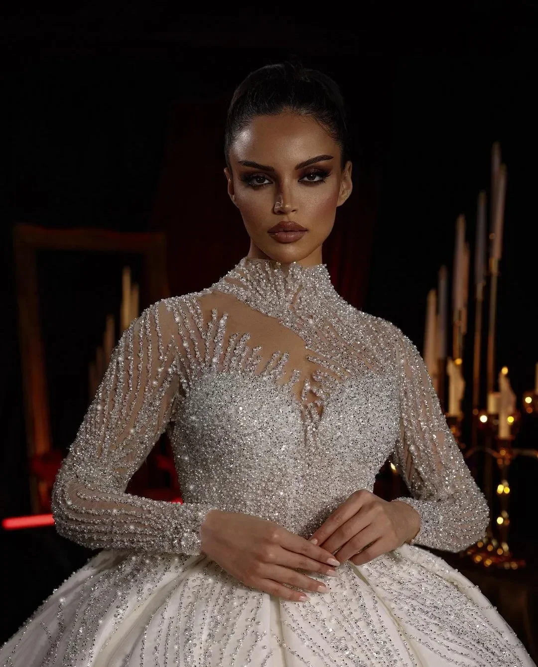 Customized High Collar Handwork Heavy Sequins Beads Ballgown Full Sleeve Wedding Dress   Robe De Mariée Puffy Luxury Bridal Gown