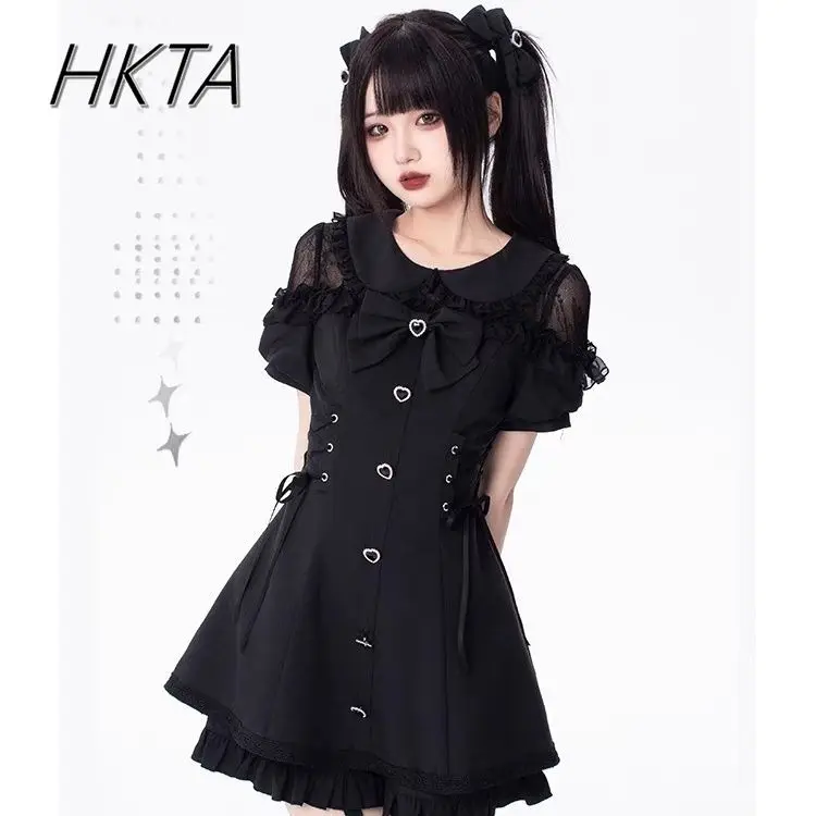 Japanese Mine Punk Style Mini Dress Women Lace Off Shoulder Waist Doll Collar Black Dress Ruffle Shorts Two Pieces Sets Dress