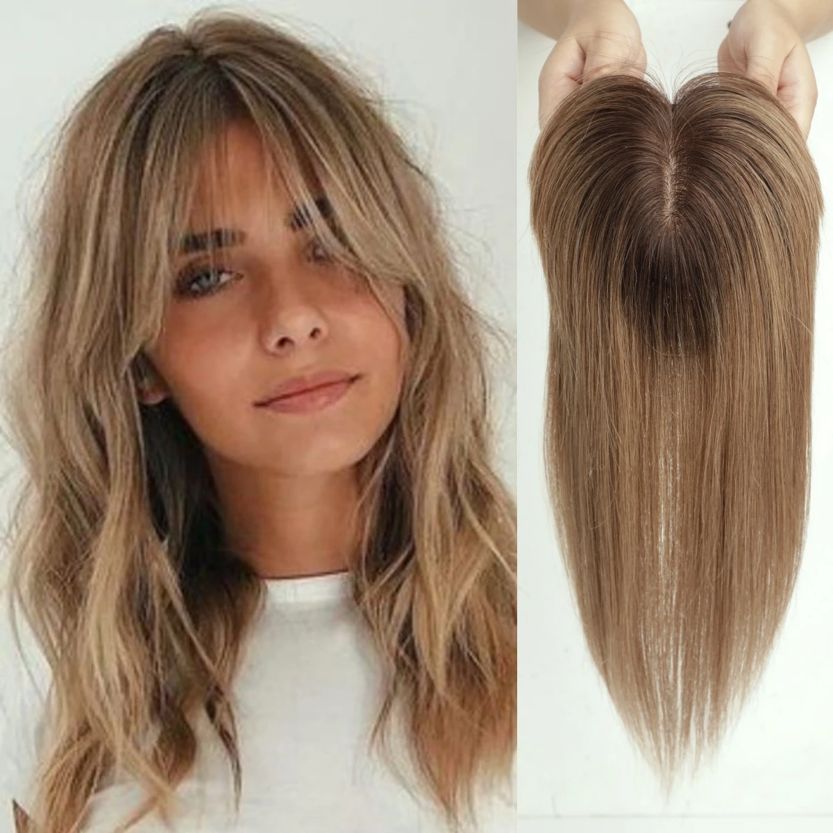 Ombre Brown 100% Remy Human Hair Toppers Wigs with Bangs Silk Base Clip Pieces for Women Straight Topper Hair in Hair Extension