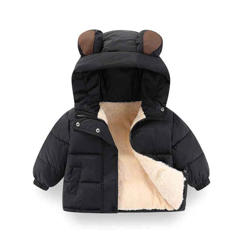 New Winter Boys Girls Jacket Solid Color Lamb Wool Lining Thick Warm Hooded Coat For 2-8 Years Boys Cotton Down Zipper Outwear