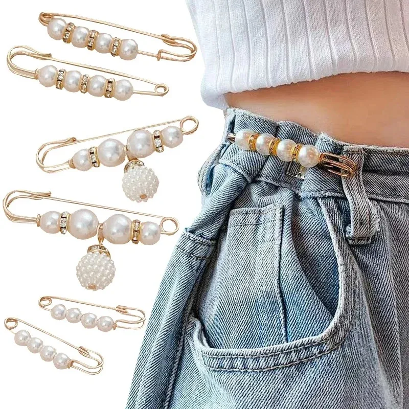 6 Pcs Set Artificial Pearl Waist Pin Clips for Trousers Pants Skirts Dress Waistline Adjusting Shirts Sweater Brooch