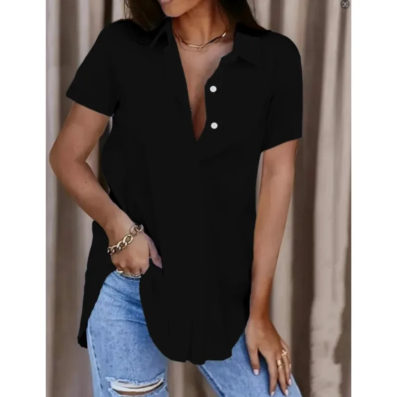 2024 Summer Solid V-neck Short Sleeve Button Women\'s Shirt Elegant Black Irregular Cardigan Shirt Street Wear Office Clothing