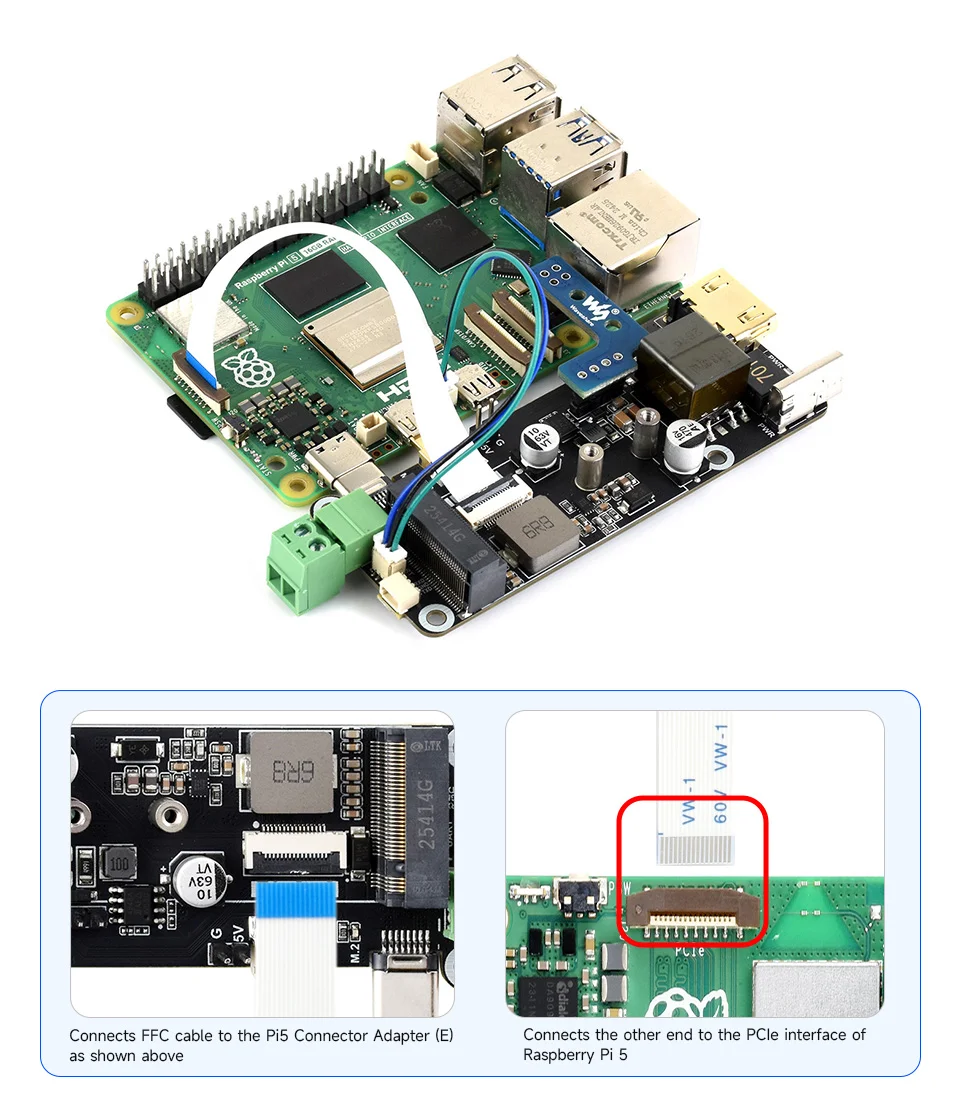 raspberry-pi-5用pcie-to-m2多機能アダプター（e）、4k出力、オンボードpoe電源供給およびpcie-to-m2インターフェース回路
