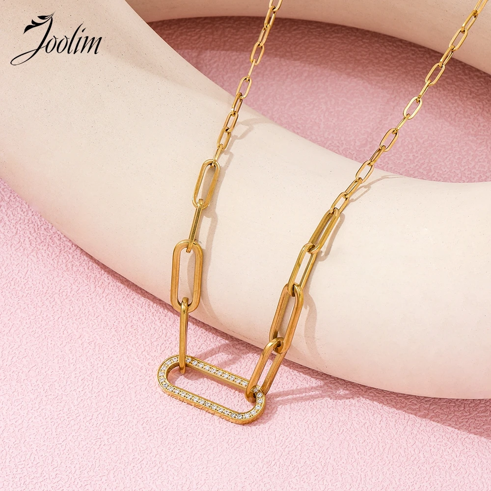 Joolim Jewelry Wholesale Fashion Oval Zirconia Pave Pendant Paper Pin Link Chain Stitching Stainless Steel Necklace for Wom