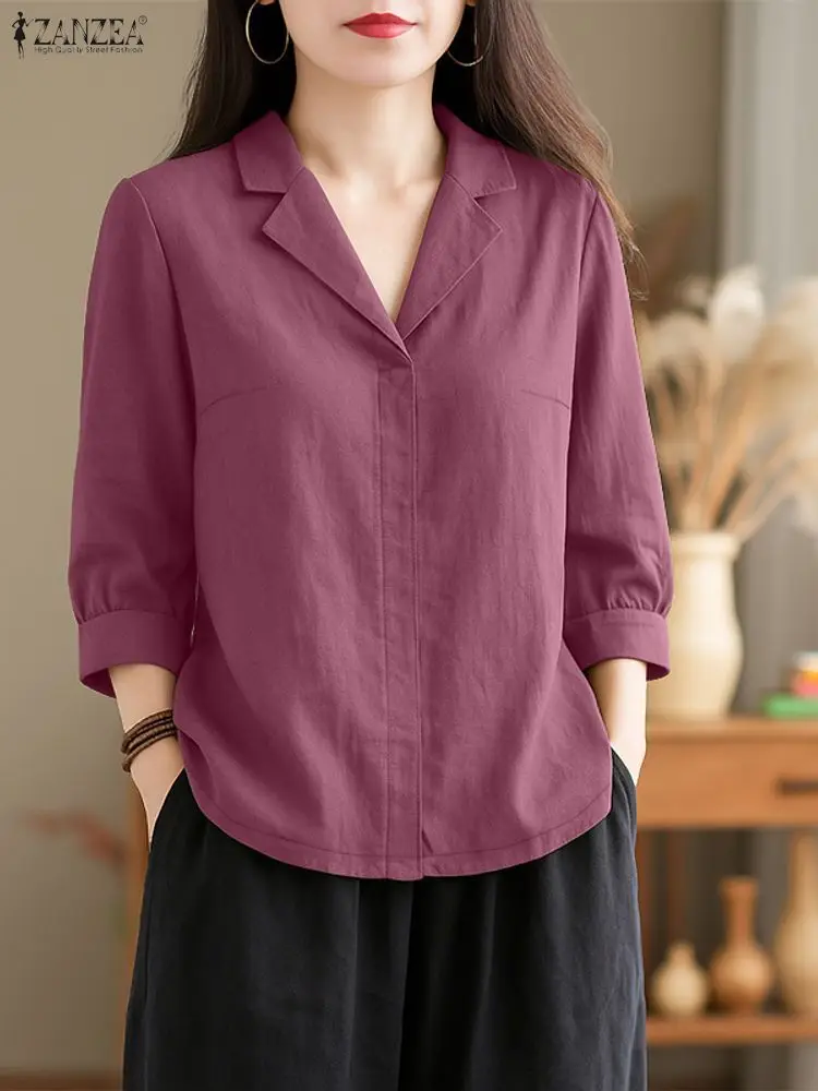 2025 Autumn Blouses ZANZEA Fashion Women Lapel Neck Long Sleeve Tops Casual Solid Loose Shirt Female OL Work Shirts Mujer Femme