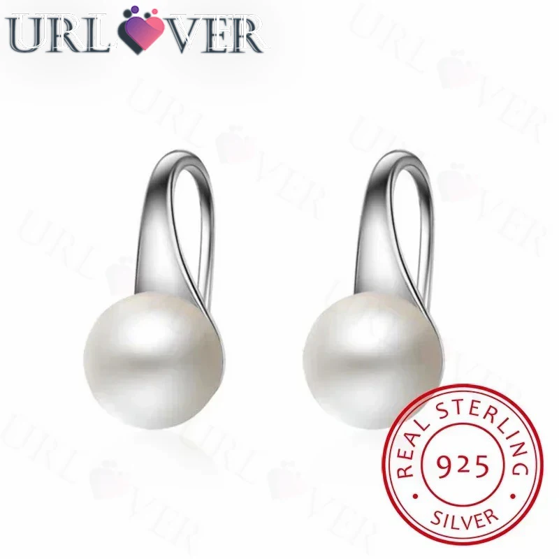 

URLOVER Pure 925 Sterling Silver Earrings Drop Women Round Natural Pearl Hook Dangle Earring Ear Drops Brincos De Prata