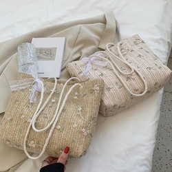 Summer Women Straw Woven Shoulder Bag Straw Bag Flower Embroidery Lace Beach Handbags Casual Ladies Large Capacity Totes Pouch