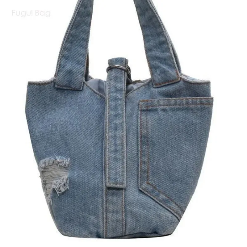 Women's Handbag Single Shoulder Crossbody Bag Water Bucket New Personalized Fashion High-end Feeling Denim Hole Special