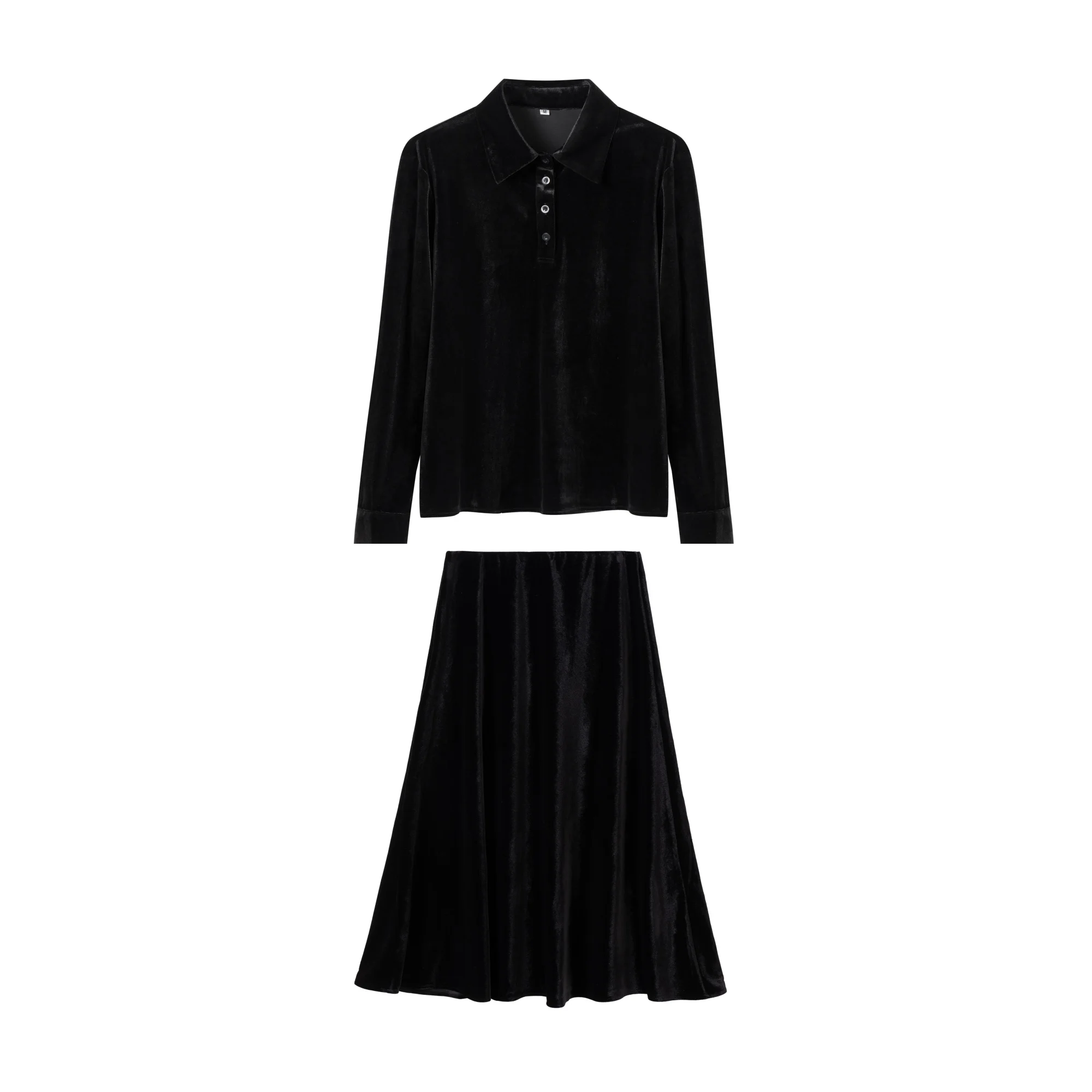 2025 Mail's Woman Black Velvet Clothes Long Sleeve Shirt+Maxi Skirt Autumn Winter Fashion Outfits