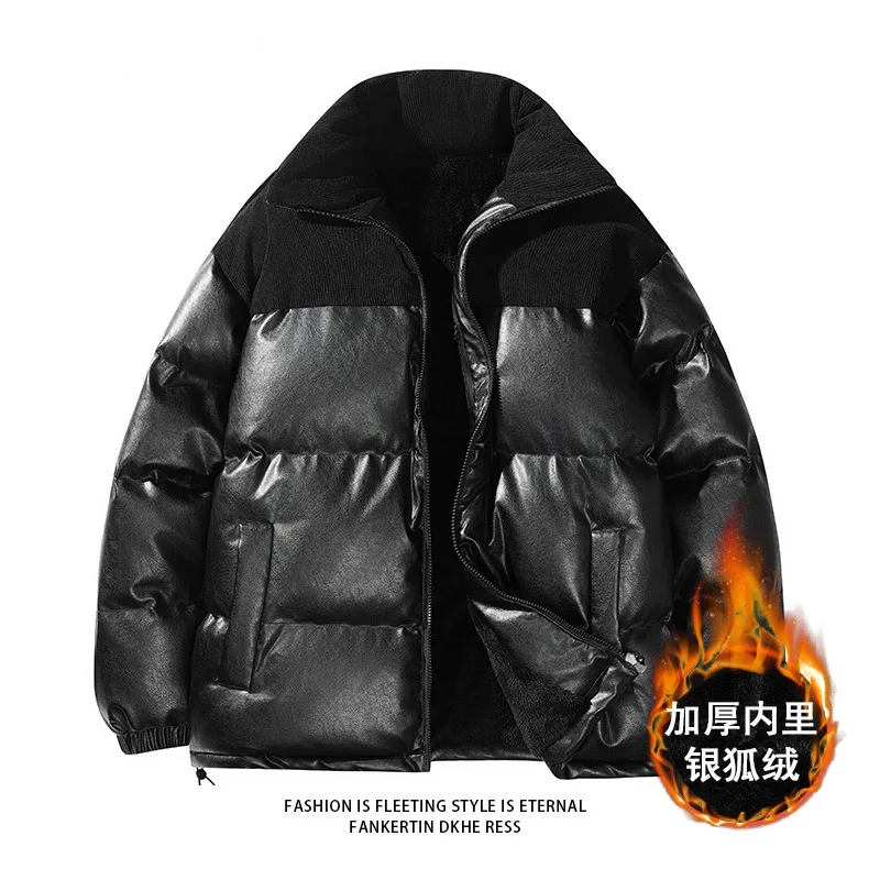 

2023 Winter Stand Collar Leather Cotton-Padded Thickened Warm Waterproof Cotton-Padded Coat Hong Kong Style Bread Men's Coat