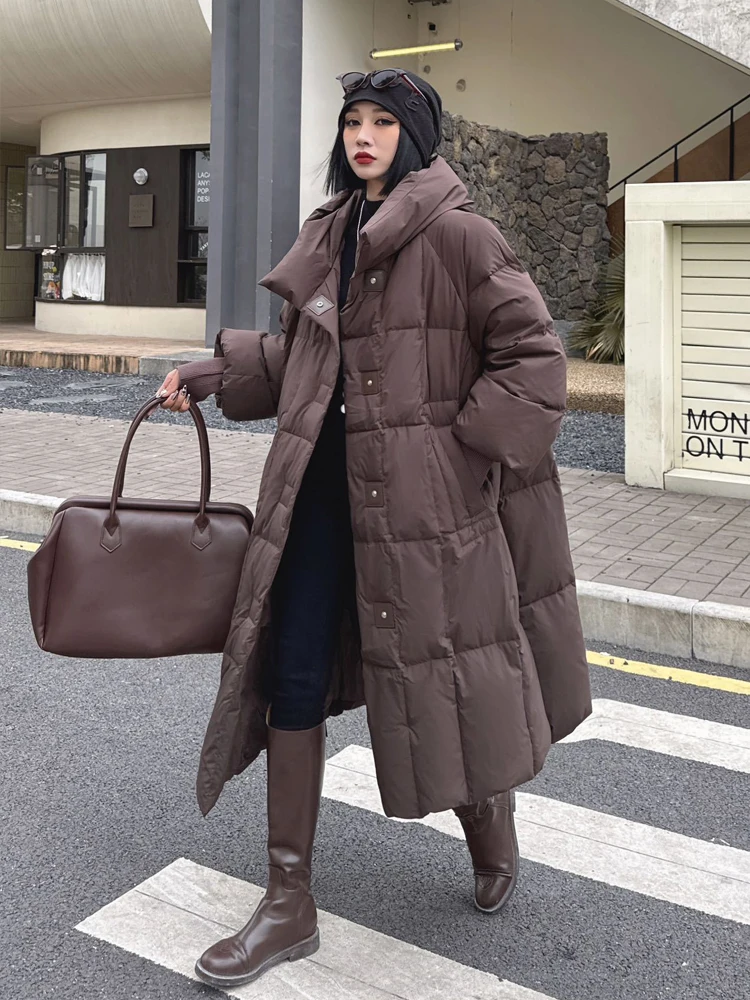 Lange Vintage-Daunenjacke mit Kapuze für Damen, 2026, Wintermode, Puffermantel mit Laternenärmeln, Übergröße, Damen-Outwear INKEO DJ 638