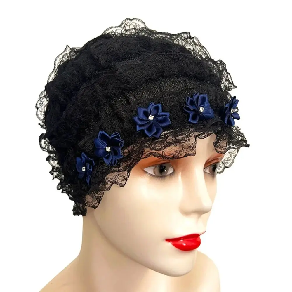Fashion Lace Mesh Turban Acrylic Fibers Without Eaves Muslim Flower Wrap Bonnet Hats