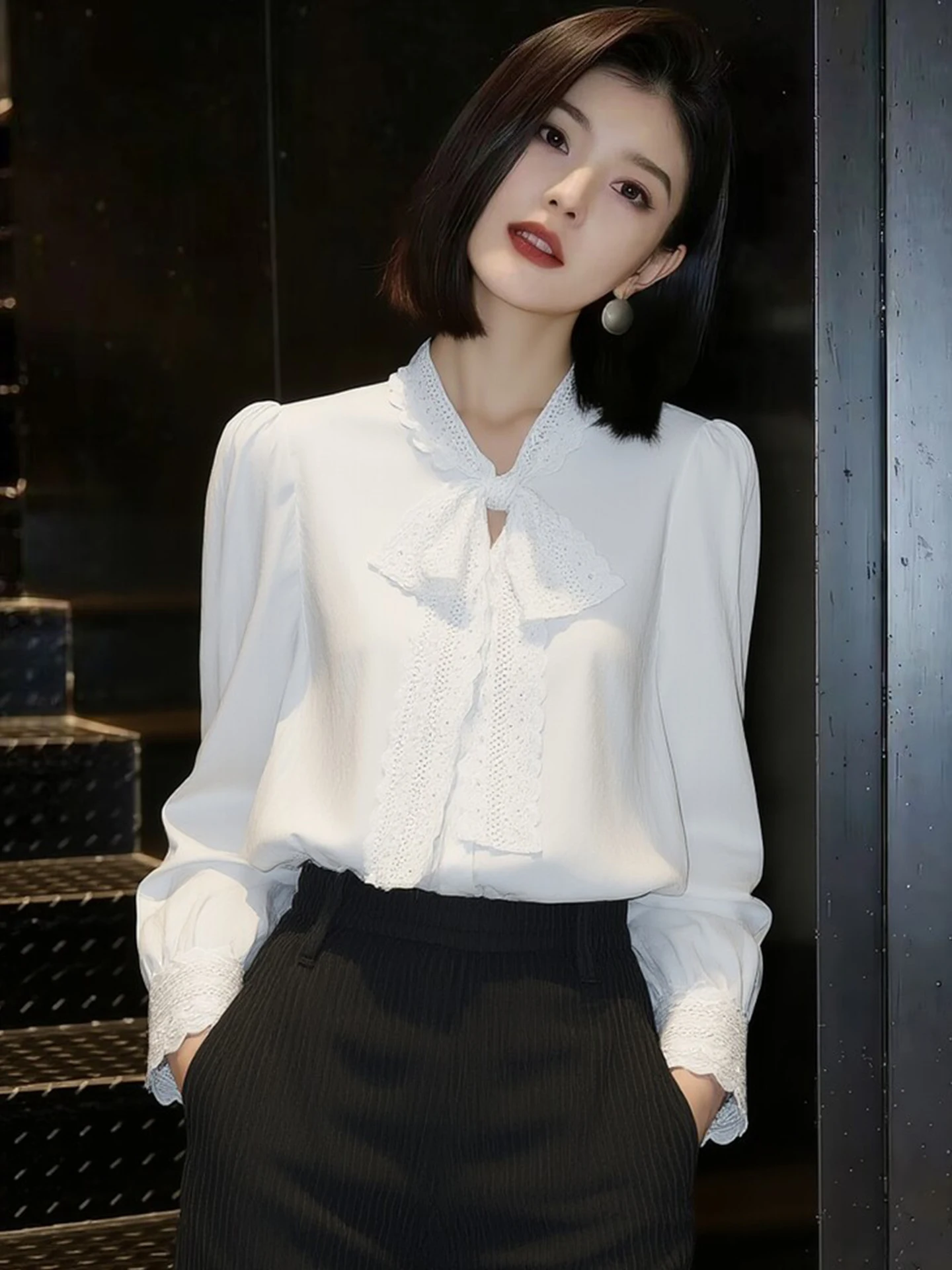 

Spring Fashion Lace Splice Knot Tie Shirt Loose Casual Slim Long Sleeve Women's Top Korean Style Commute Wind