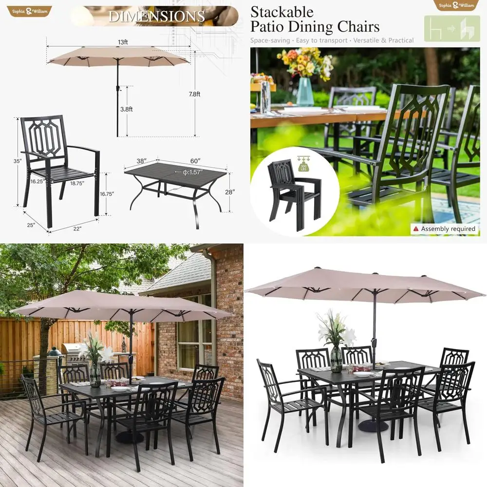 

8-Piece Metal Outdoor Dining Set with 6 Chairs, Rectangular Table, and Large Beige Umbrella