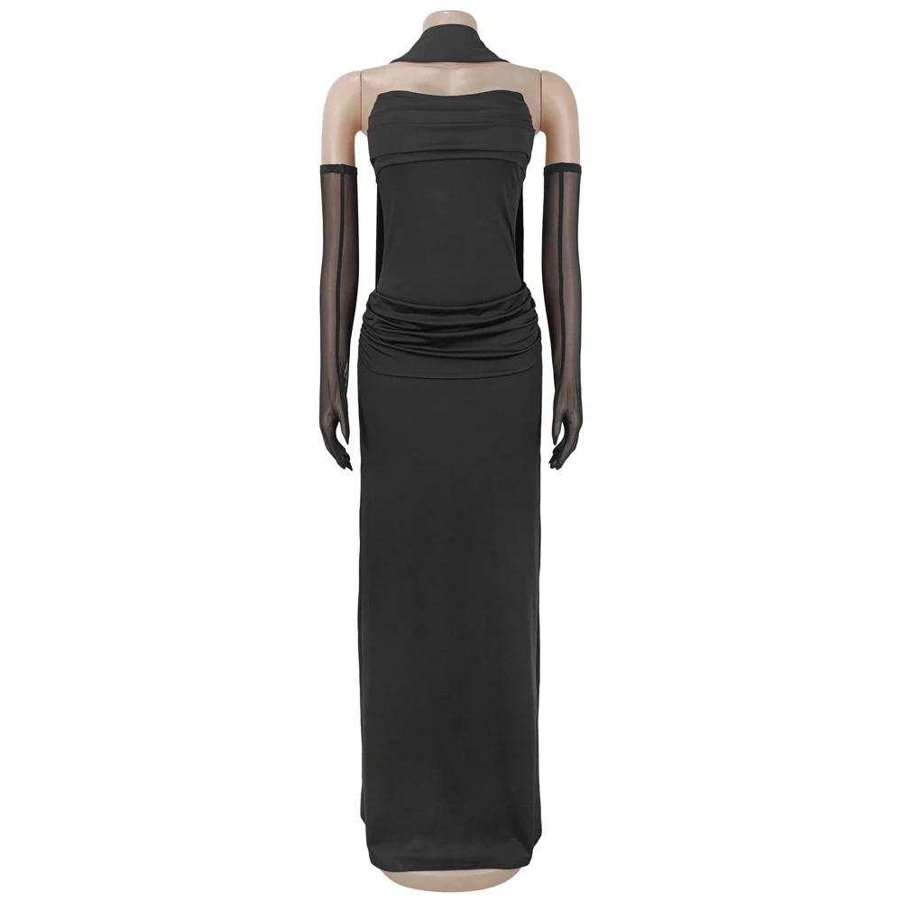 JENYAGE Damen-Abendkleid mit Neckholder-Ausschnitt und Handschuhen, gerafftes, figurbetontes, bodenlanges Meerjungfrauen-Maxikleid, elegantes Party- und Ballkleid – Detail 11