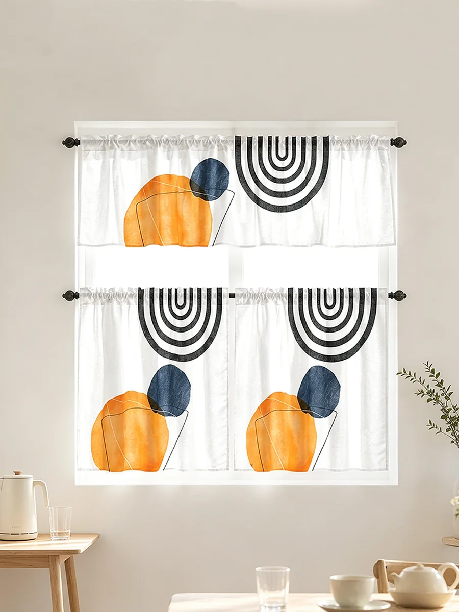 3 Piece Kitchen Curtains and Valances Set Boho Abstract Cafe Curtains 24 Inch Length Farmhouse Orange Color Block Geometric