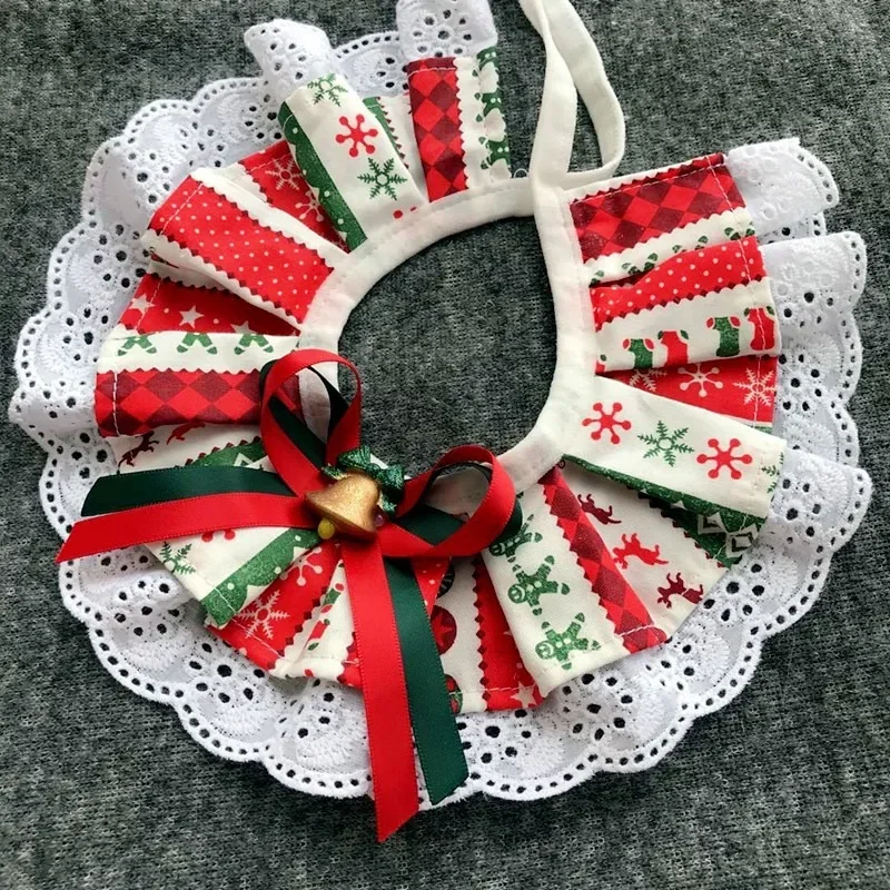 Christmas Pet Bow Bib Collar Scarf Plaid Bow Lace Drool Towel Bell Pendant Dog Cat Collar Necklace Embellishment Accessories