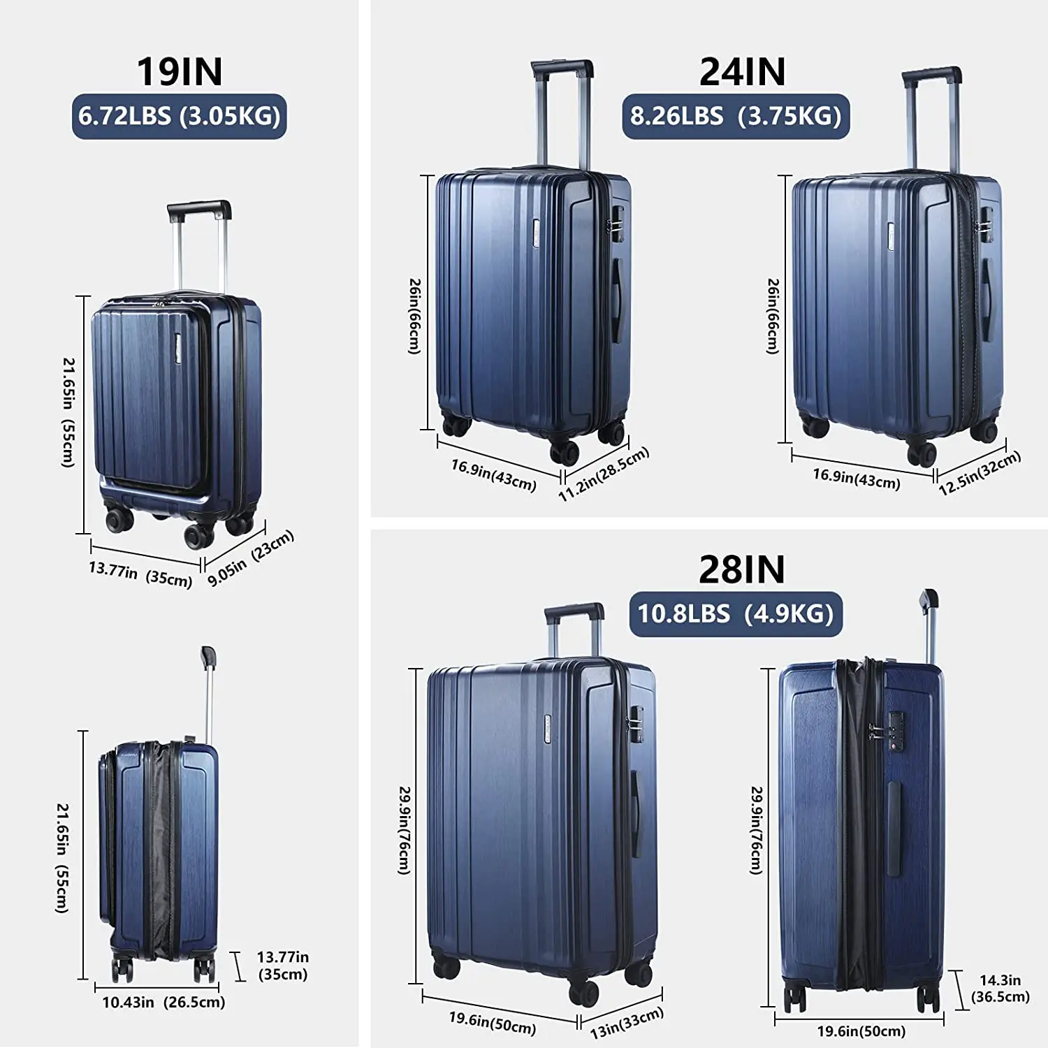 Bagageset 3 Stuk 20/24/28 Voorste Laptopzak & Uitbreidbare Abs + Pc Lichtgewicht Hardshell Spinner Stille Wielen Tsa Lock Blue