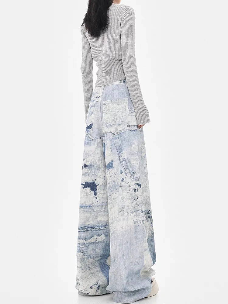 Women's Dyed Printed Design Retro Jeans Straight Denim Trousers Girl Wide Leg Pants Female High Waisted Fashionable Sweatpants