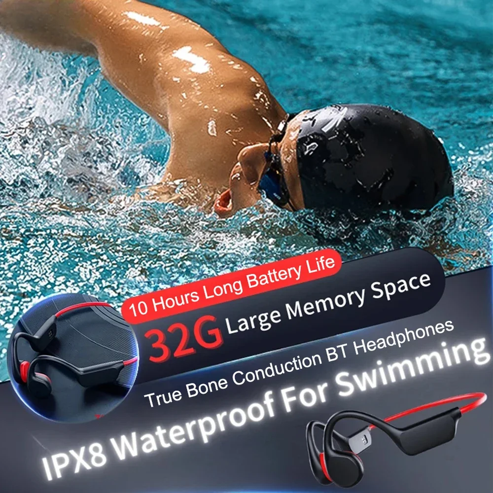 Bone Conduction Earphones Bluetooth Wireless IPX8 Waterproof MP3 Player Hifi Ear-hook Headphone With Mic Headset For Swimming