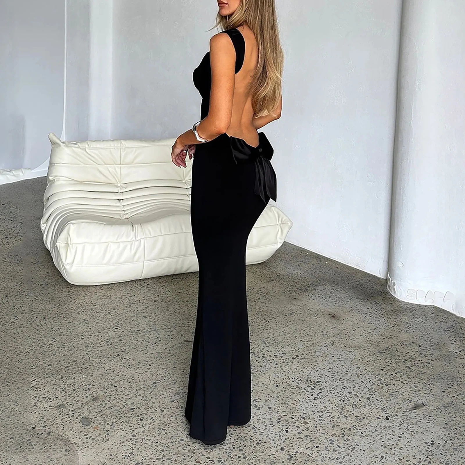 hirigin Women Sexy Backless Bodycon Long Dress Spring Scoop Neck Bow Tie Maxi Dress Open Back Party Cocktail Maxi Dress vestidos