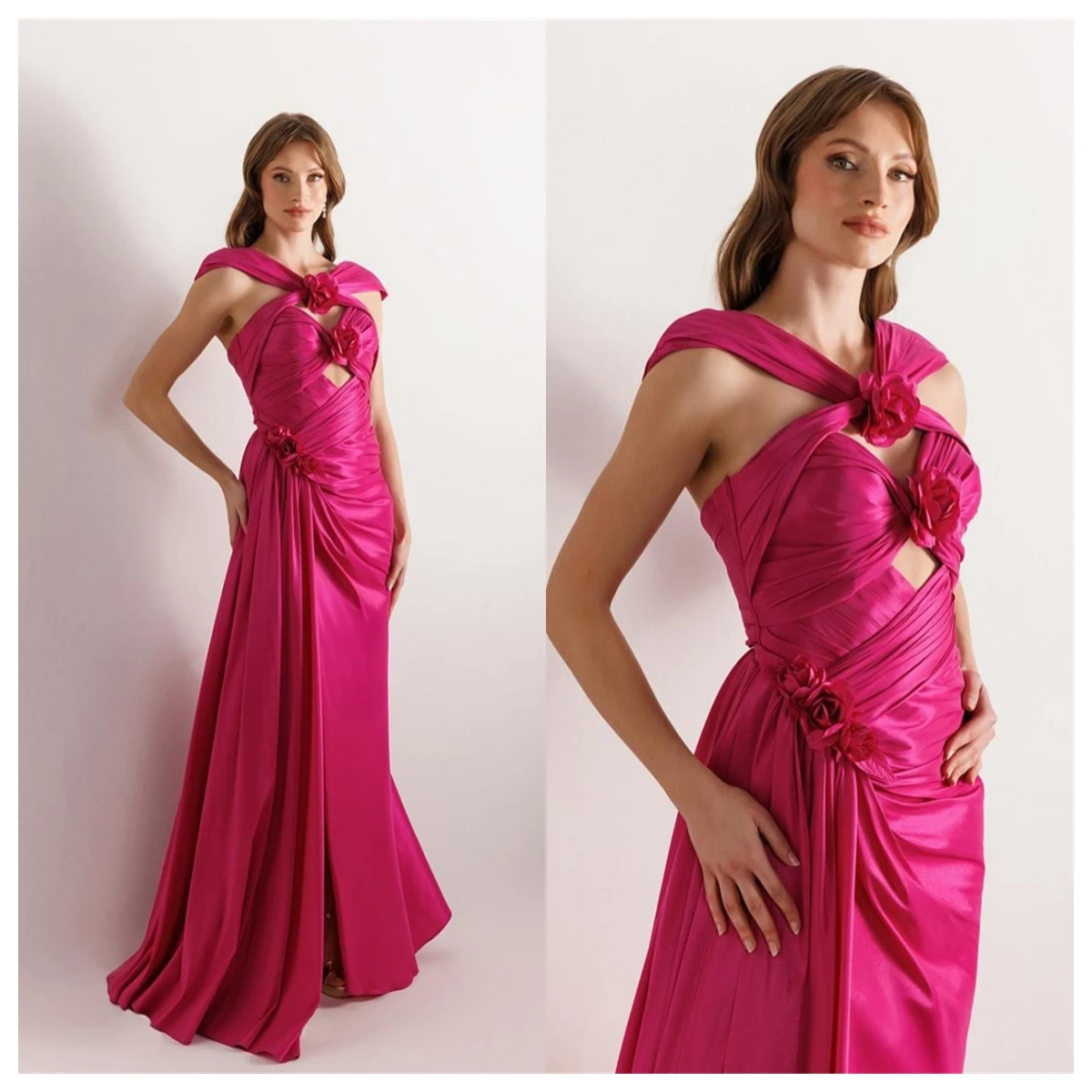

Customized Fashion Fuchsia Satin Evening Dress Boat Neck Sleeveless Homecoming Dress Bridal Party Flowers Temperament Sexy