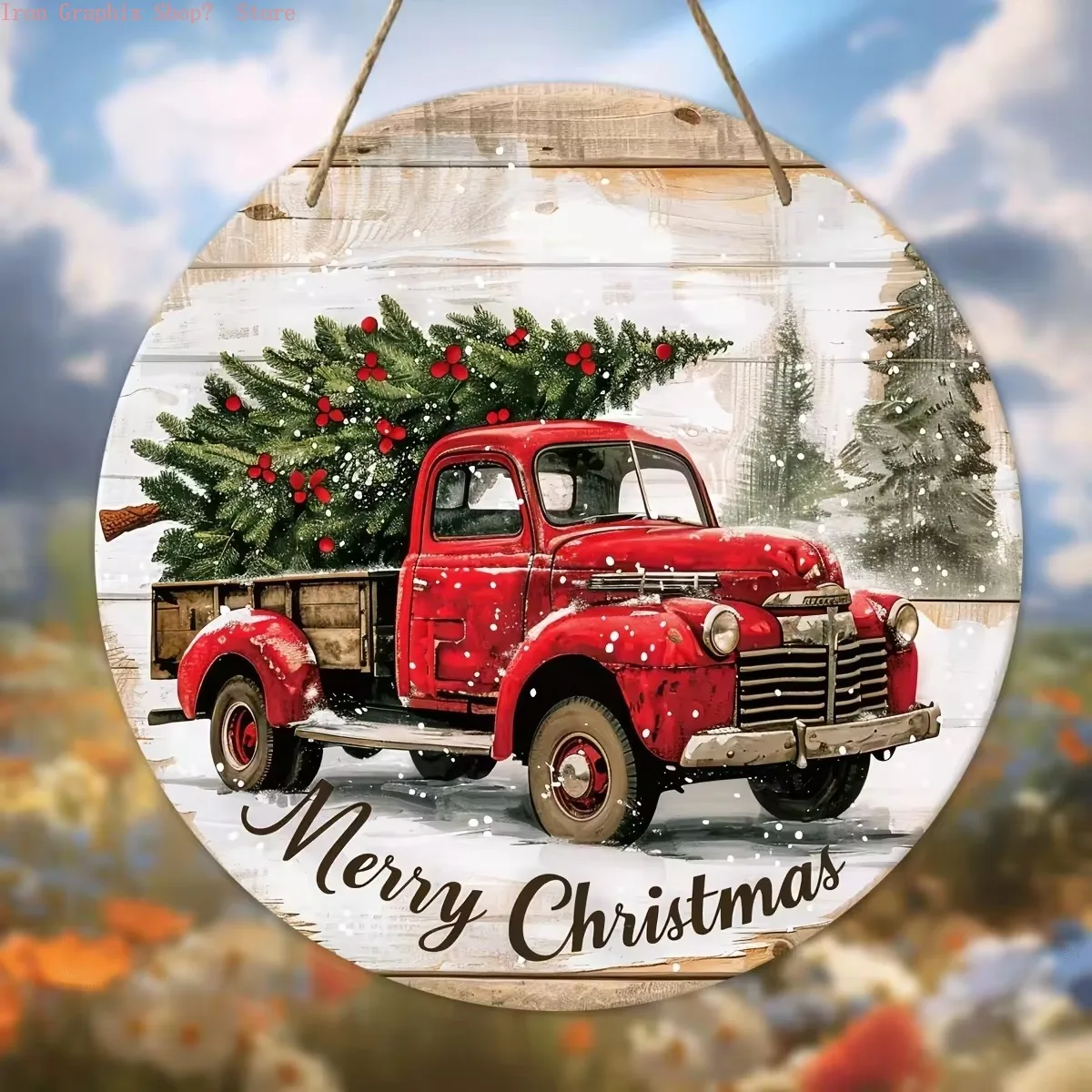 Holzschild mit Weihnachtsmuster, 2D-Flach, Retro-lebendige geometrische Muster, wetterfest, Wandbehang, dekorative Schild für Büro