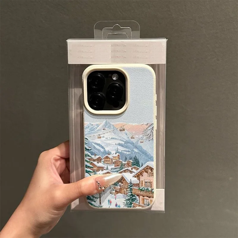 حافظة هاتف بنمط مدينة محاطة بجبال مغطاة بالثلج وملمس ليتشي، مناسبة لهواتف iPhone 17، 16، 15، Plus، Pro، Max Series - يمكن استخدامها كهدية