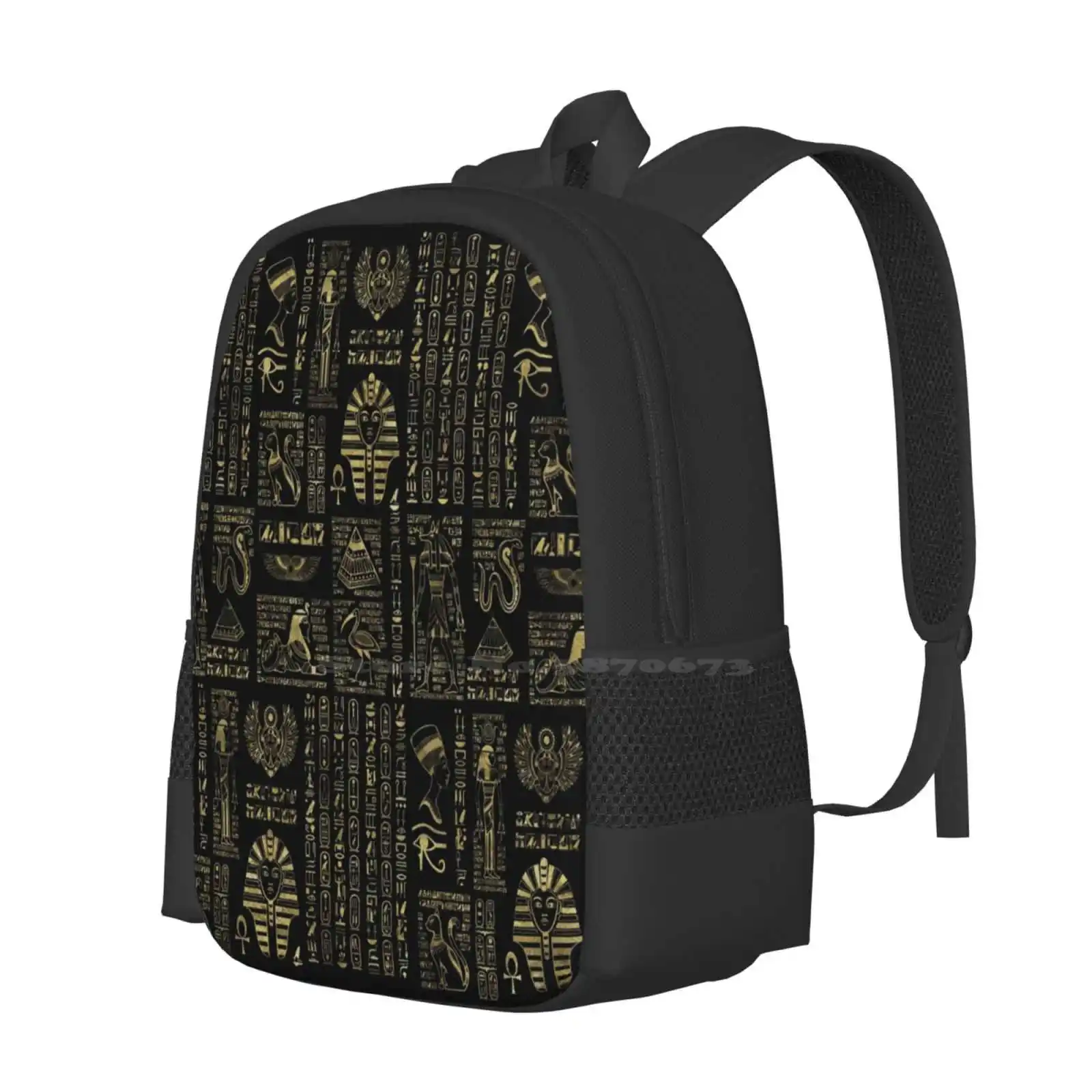 Egyptian Hieroglyphs And Deities Gold On Black Pattern Design Bag Student'S Backpack Egyptian Pharaon Ethnic Papirus Ancient