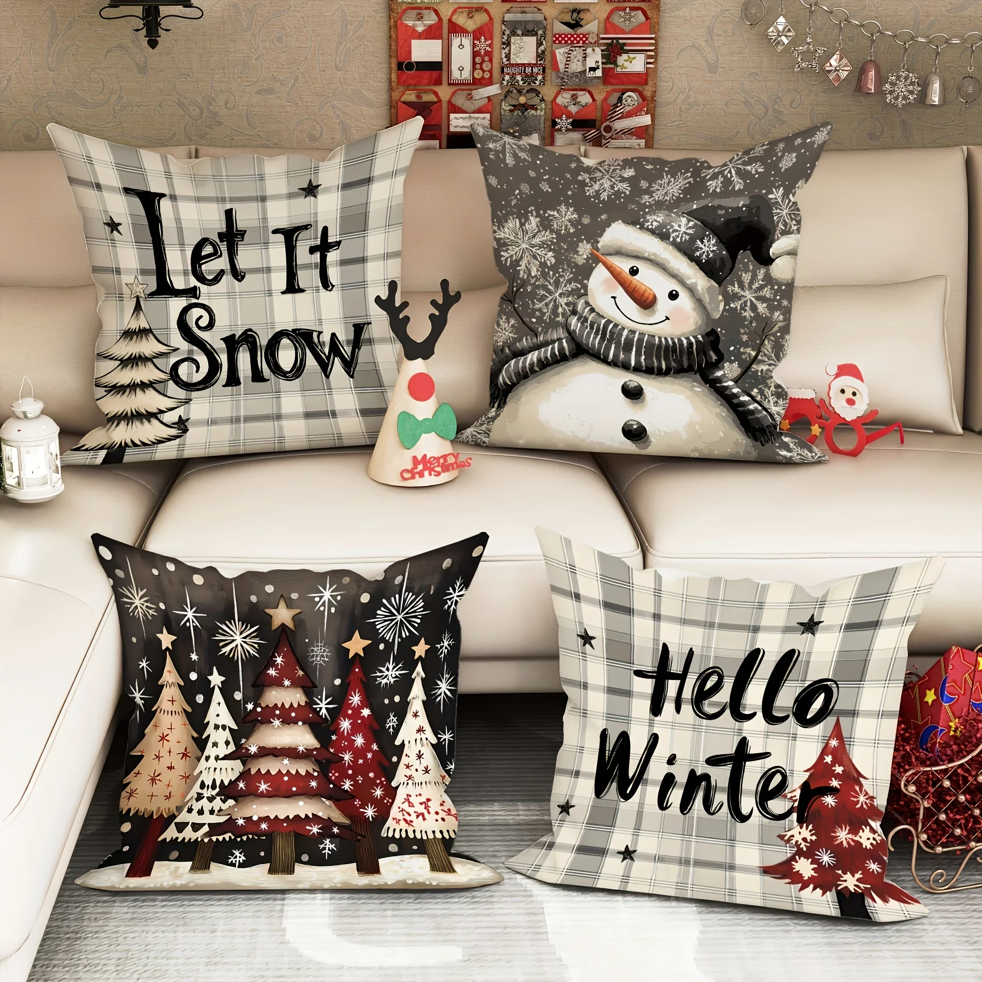 Set Of 4 Farmhouse Winter Christmas Throw Pillow Covers Double Sided Print, Let It Snow Hello Winter Snowman Xmas Tree Buffalo P