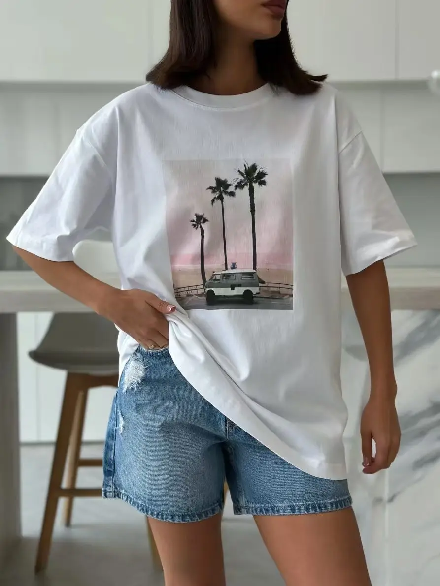 

European And American Style Casual Loose Holiday Beach Coconut Tree Retro Harajuku INS Style 100% Pure Cotton Women's T-shirt