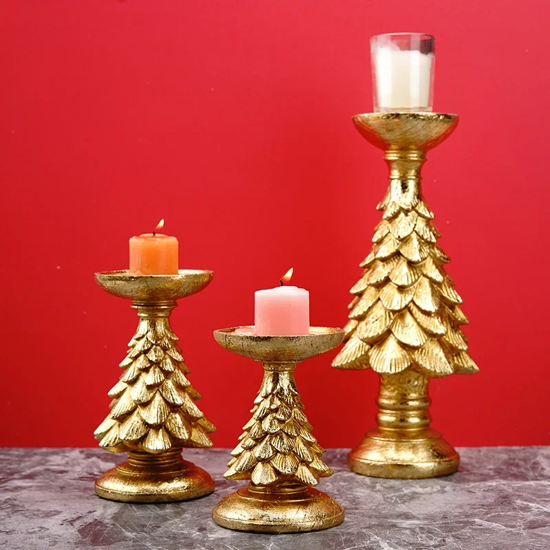 Resin Golden Christmas Tree Candlestick Figurines for Desktop Decoration Candle Holder Ornament Accessories Bedroom Gift S/M/L