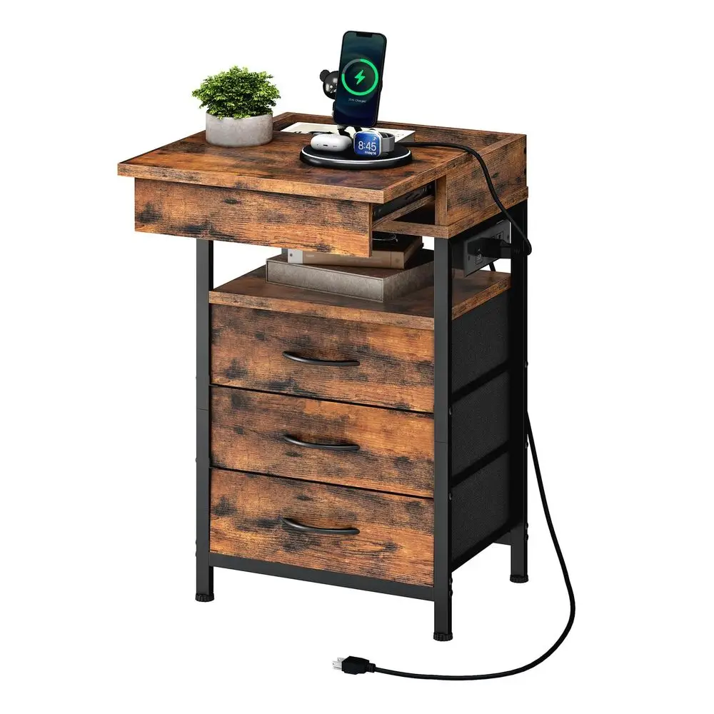 

Прикроватная тумбочка с зарядной станцией, тумбочка с тканевыми ящиками, приставной столик с запирающимся скрытым отделением, 2 розетки переменного тока