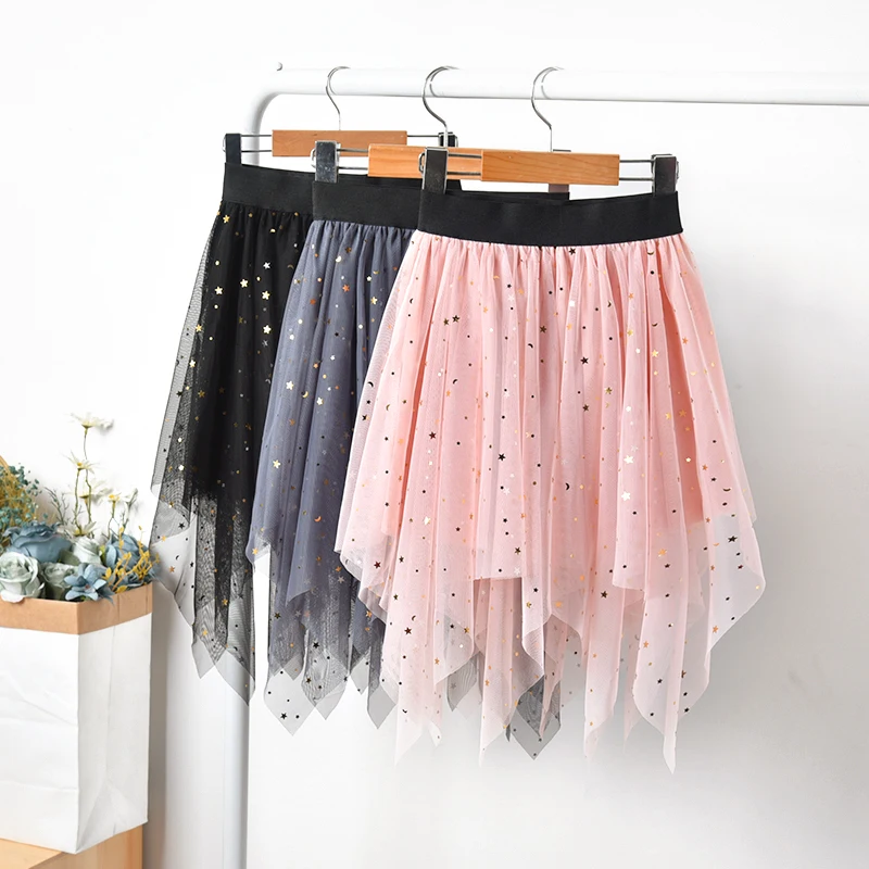 Girls Irregular Veil Latin Skirt Sequin Stars Latin Dance Clothes Flamengo Dress Kids Summer Wear