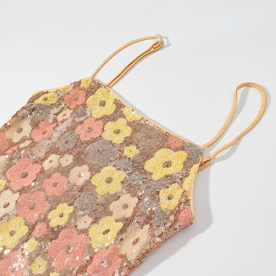 KONDALA Chic Sexy 2025 Paillettes Estate Donna Abito Backless Cami Floreale Tubino Abiti Lunghi Ricami Femminili Slim Split Abiti