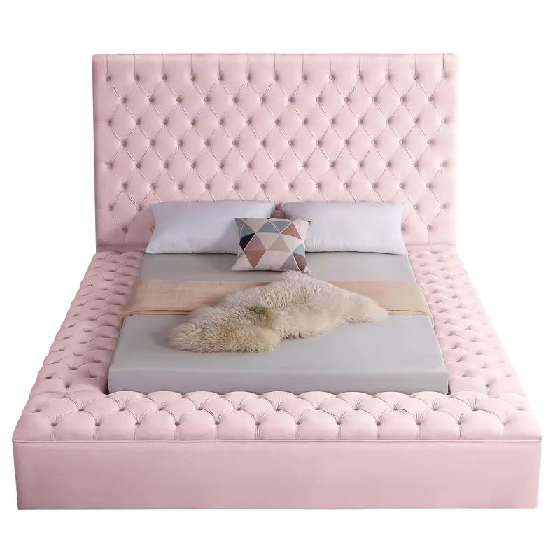 Light Luxury European Design Bedroom Furniture Pink Velvet Fabric Wooden Headboard Queen King Size Bed with Storage