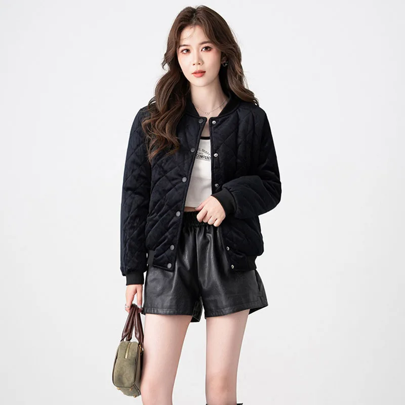 

2025 New Women's Short Winter Quilted Jacket Ladies Single Breasted Cotton Padded Coat Korean Fashion Ultra Light Velvet Parkas