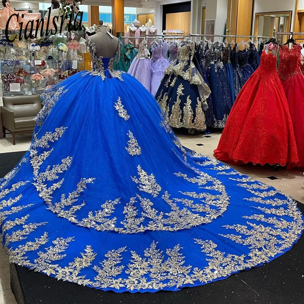 Gaun Pesta Sayang Biru Mewah Gaun Quinceanera Biru dengan Punggung Terbuka 2022 Renda Gadis Manis 15 16