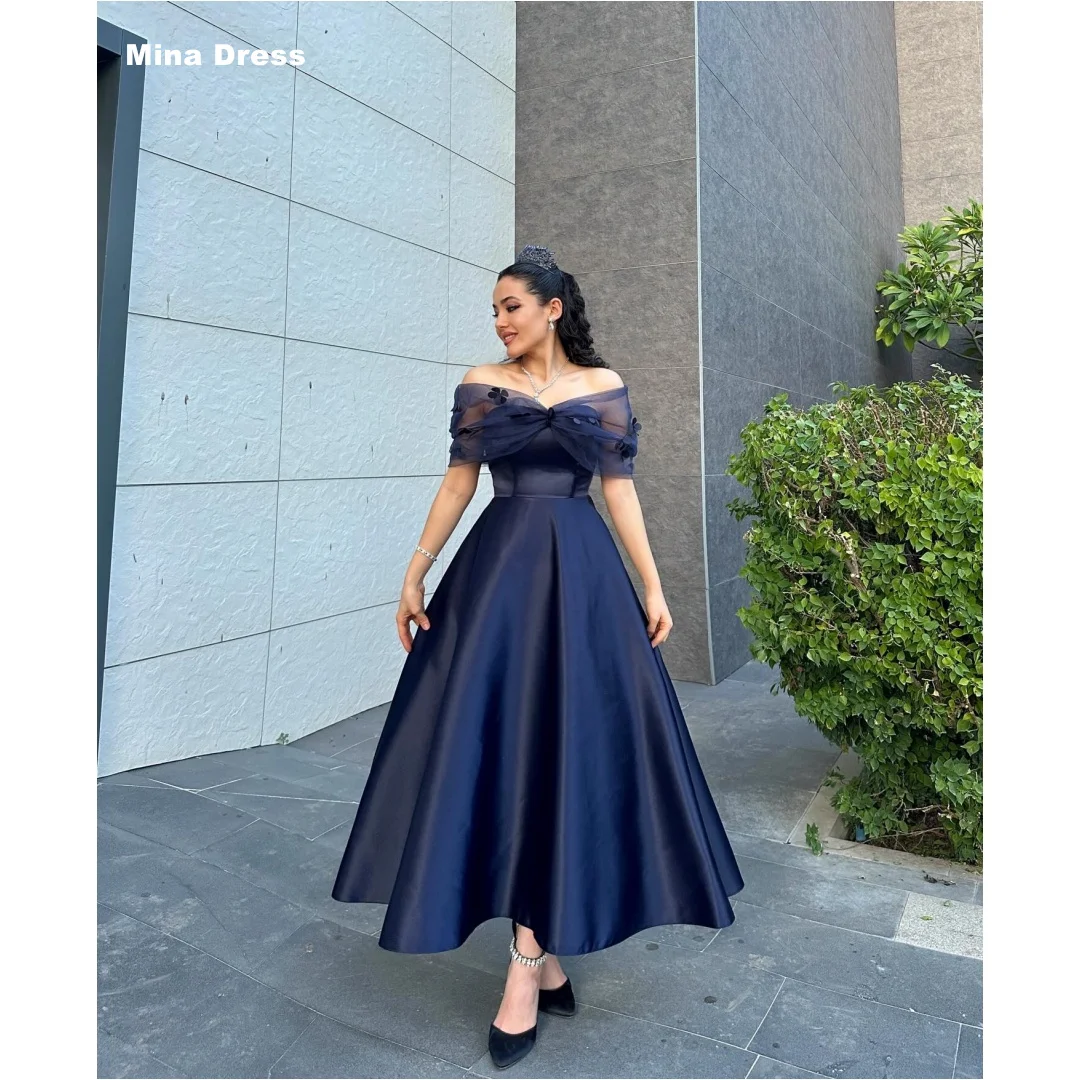 

Mina Customized Navy Blue Luxury Party Dresses Thin Waist Best Selling Dresses Flowers Prom Dress Off the Shoulders Elegant