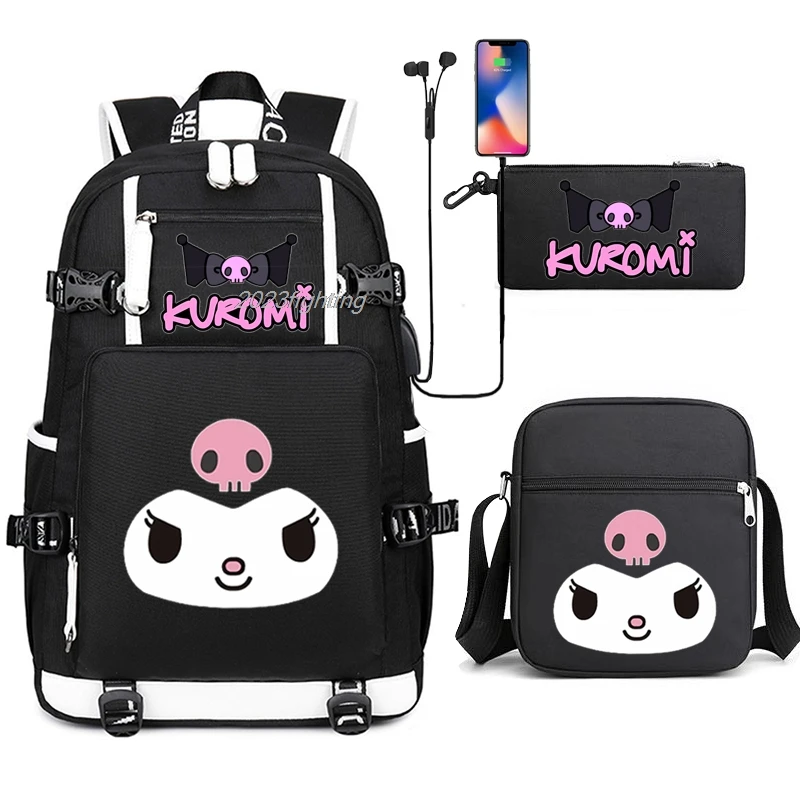 Black Kuromi Backpacks USB Girl School Bag Teenage College Style Students Women SchoolBag High Student Bag Laptop Canvas Mochila