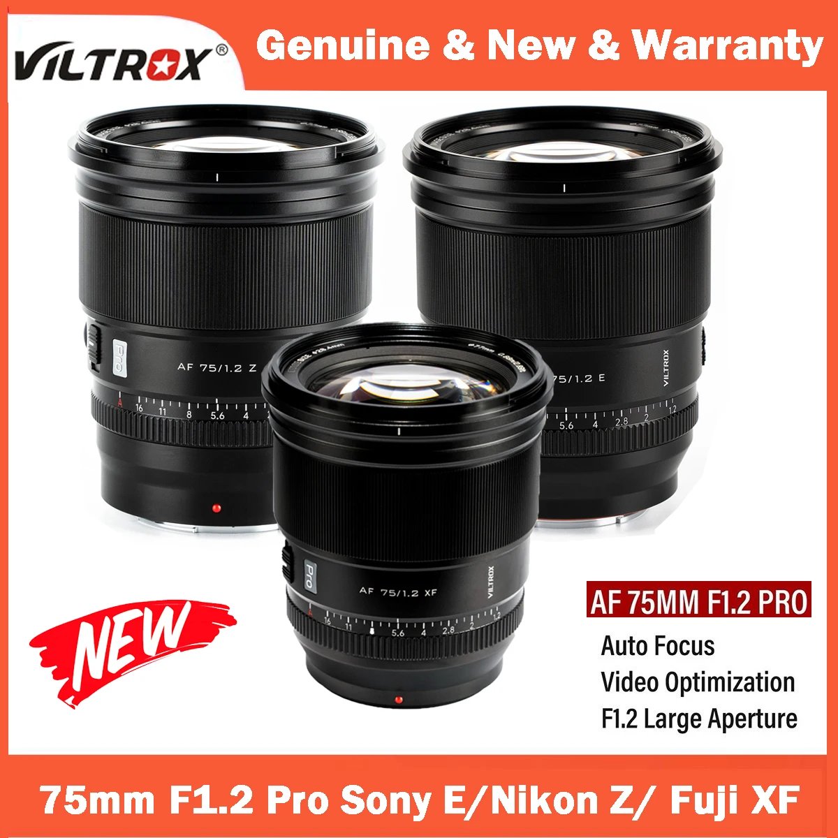 VILTROX 75mm F1.2 Pro E/Z/XF Auto Focus Large Aperture APS-C Prime Lens For Sony E-mount Nikon Z-mount Fujifilm XF-mount Cameras