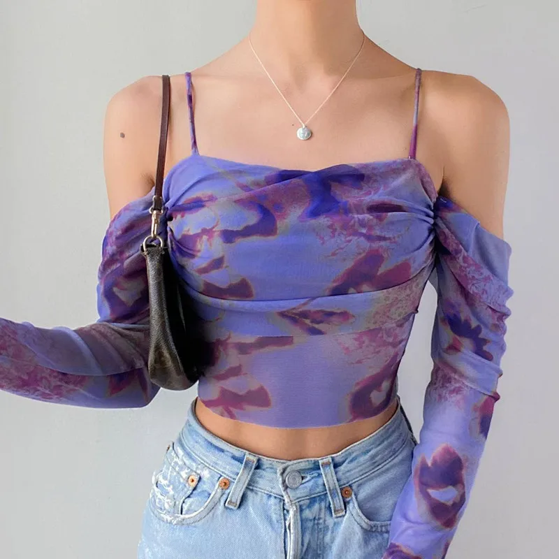 ALLNeon 2000S Aesthetic Mesh Sheer Crop Tops Fairy Print Long Sleeve T-shirts Women Elegant Blouse Chic Y2K Off Shoulder T-shirt