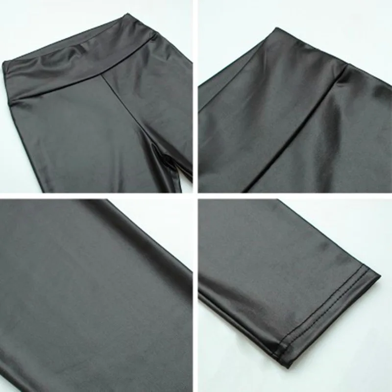 レディース ミラー PU レザー パンツ ハイウエスト 伸縮性 スリムフィット 小脚パンツ クロップドパンツ レギンス ブラック
